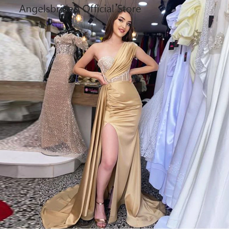 

Angelsbridep Sweetheart Gold Mermaid Prom Dress For Women With Sequins Evening Party Gowns Sexy Leg Slit Vestidos De Graduación