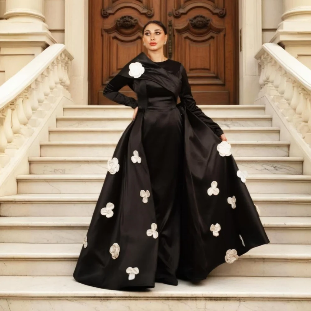 

Customized Charmeuse Applique Flowers O-Neck Black Long Dresses Bespoke Occasion High Quality Women Evening Dress Elegant Party