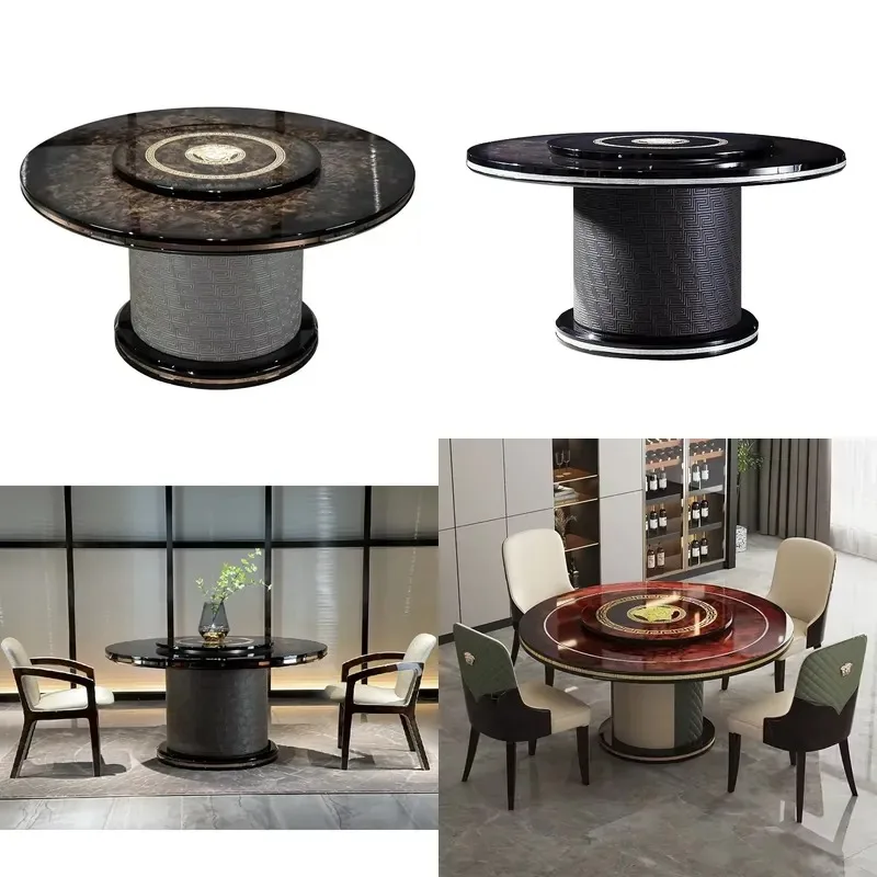 Luxury Round Solid Wood Dining Table Set with Turntable Villa Mansion Dining Table and Chair Combination