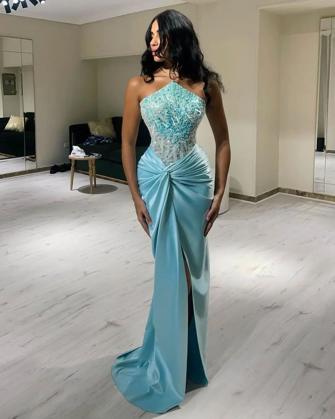 Strapless Mermaid Evening Dresses vestidos de gala Beadings Floor Length Prom Dress For Special Events Saudi Arabia Women Formal