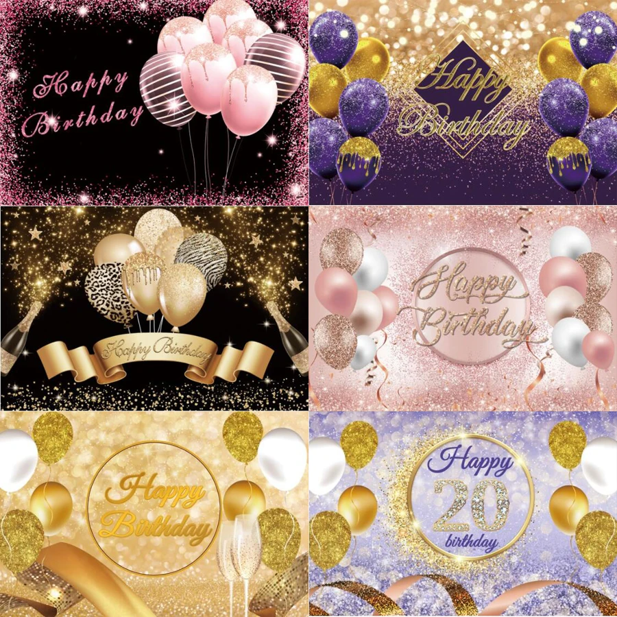 

Photography Backdrop Purple Glitters Golden Happy Birthday Light Bokeh Background Portrait Custom Family Party Balloon Poster