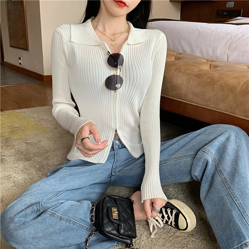 New Autumn Winter 2023 Women Cardigans Zipper Long Sleeve V-neck Knitted Sweater Cardigan Fashion Short Knitwear Solid Jumpers