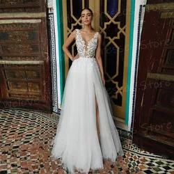 Modern A Line Women's Wedding Dresses Popular Appliques Lace Bride Gowns Sexy V Neck Sleeveless Side Split Vestidos Novias Boda