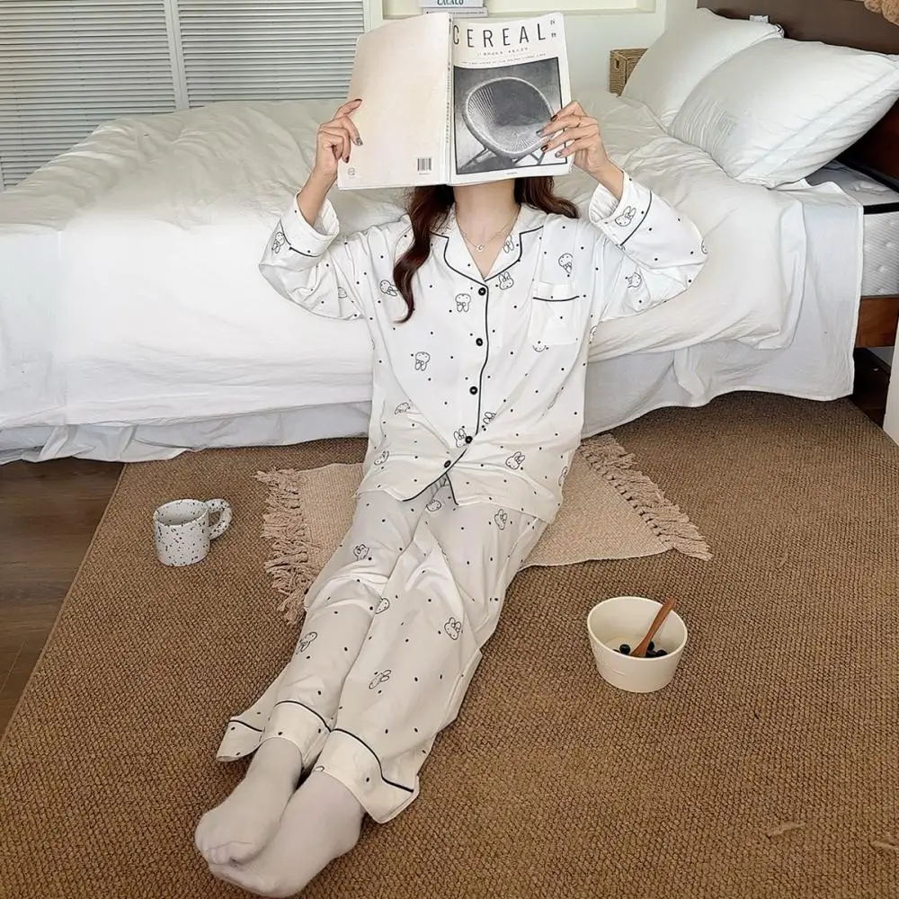 

White Polka Dot Miffy Pajamas Set With Bunny Pattern Black Trim Soft Sleepwear For Women Cute Cartoon Loungewear Daily Home Wear