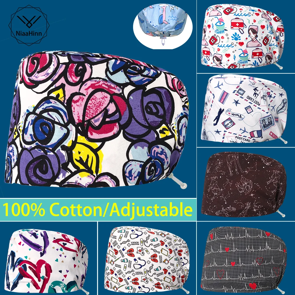 

Print Medical Hat 100% Cotton Scrub Hat Women's Men's Beauty Hospital Dustproof Sweat-absorbent Cleaning Cap Pet Clinic Care Cap