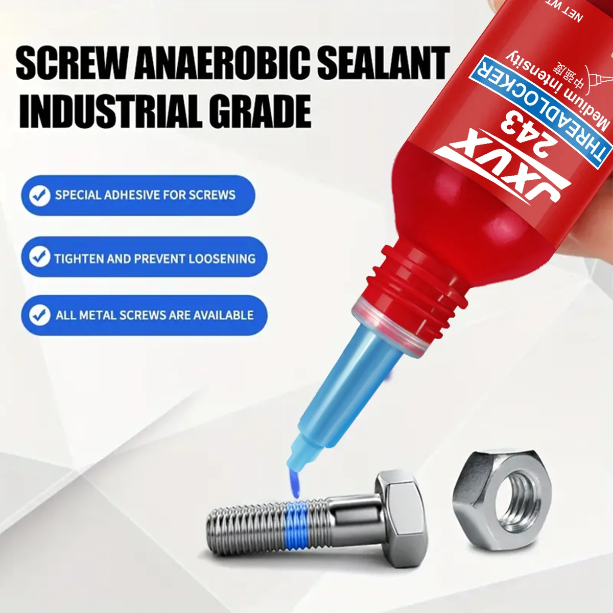 Jxvx Blue Threadlocker 243 Nut and Bolt Threadlocker, Threadlocker Airtight Sealing Fasteners Anaerobic Glue for Metal, Screw Adhesive, Non-Slip Caulking Sealant