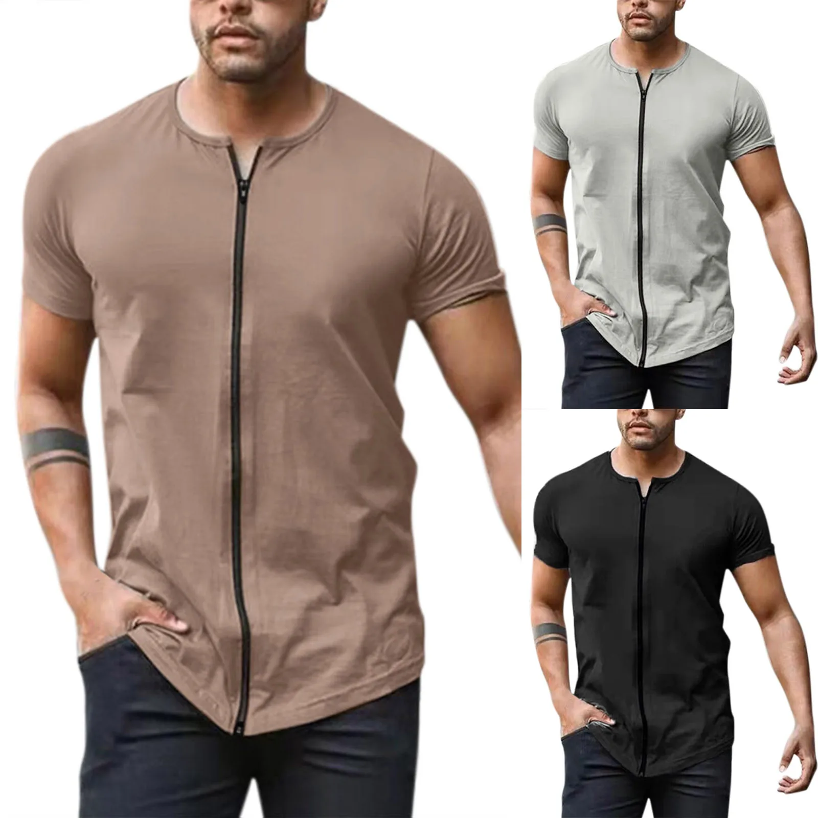 Male Summer Casual Zipper T Shirt Blouse Short Sleeve Round Neck Tops T Shirt