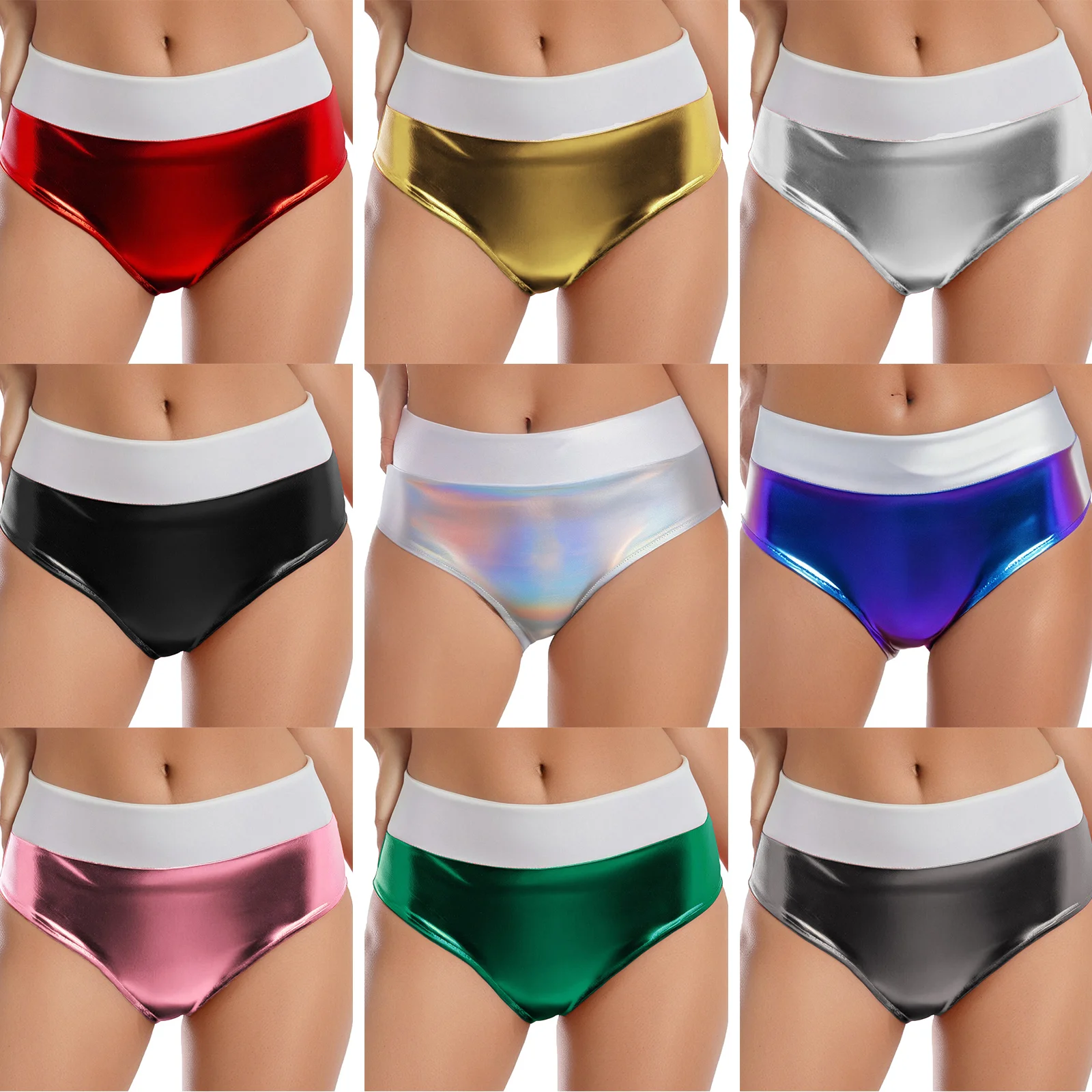 Womens Metallic Briefs Color Block Shiny Booty Shorts Hot Pants Beach Pool Party Swimsuit Rave Club Music Festival Clubwear