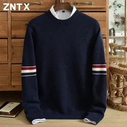 ZNTX-suéter listrado de caxemira masculino, gola redonda, puro, grosso, pulôver, jacquard, casual, tamanho grande, malha, grau superior, inverno