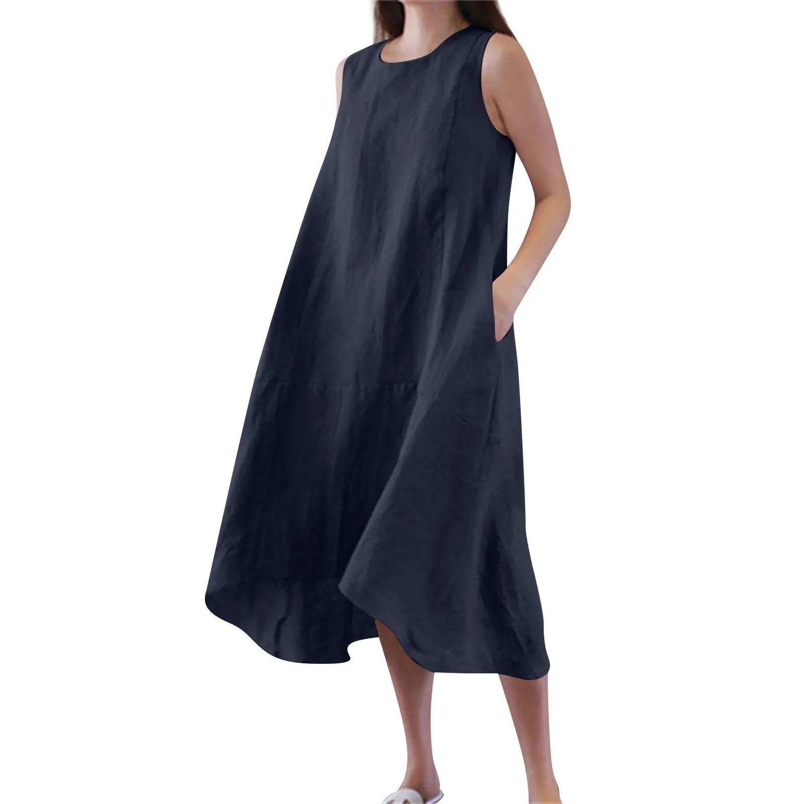 Women's Loose Irregular Hem Large Swing Sleeveless O-neck Loose Solid Color Elegant Cotton Linen Dress Fashion Daily Long Skirt