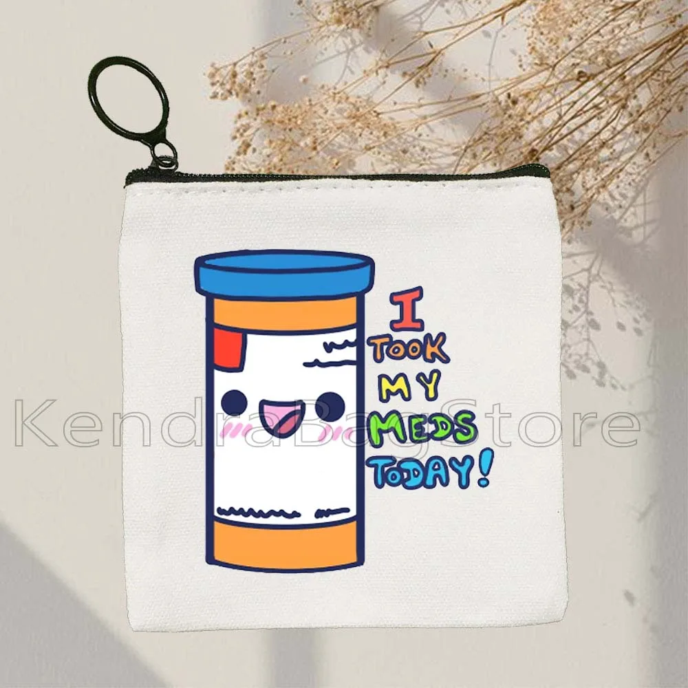 Funny Take Your Meds Mental Health Love Yourself Therapist Cute Canvas Coin Purse Canvas Bags Key Storage Card Bag Wallet Pouch