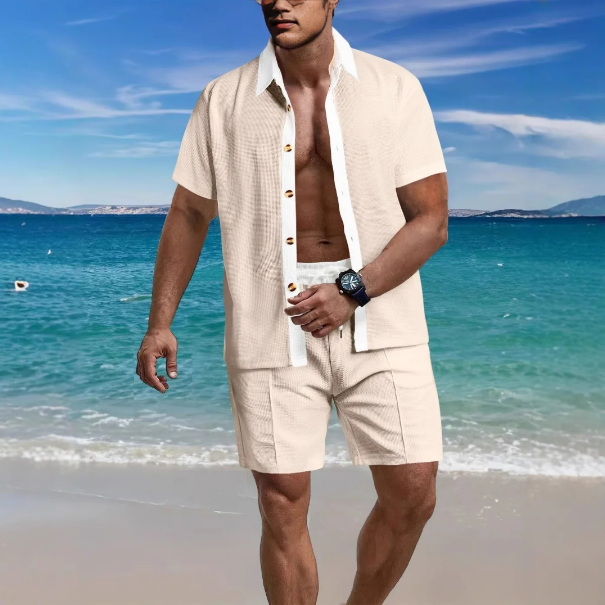 Summer men's new style beach shorts short sleeve suit, classic waffle check fashion lapel top with color button down shirt