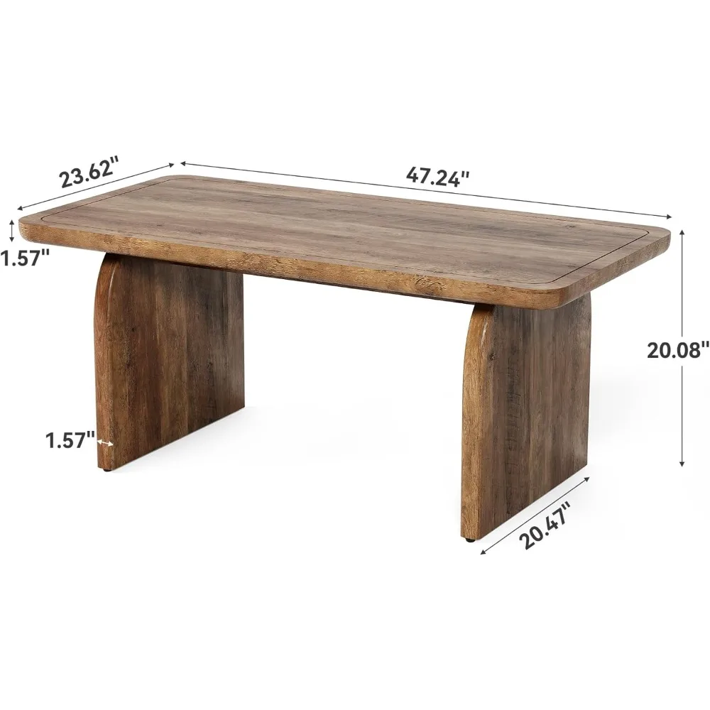 Modern Rectangular Wooden Coffee Table, 47 Farmhouse Style with Rounded Corners for Living Room