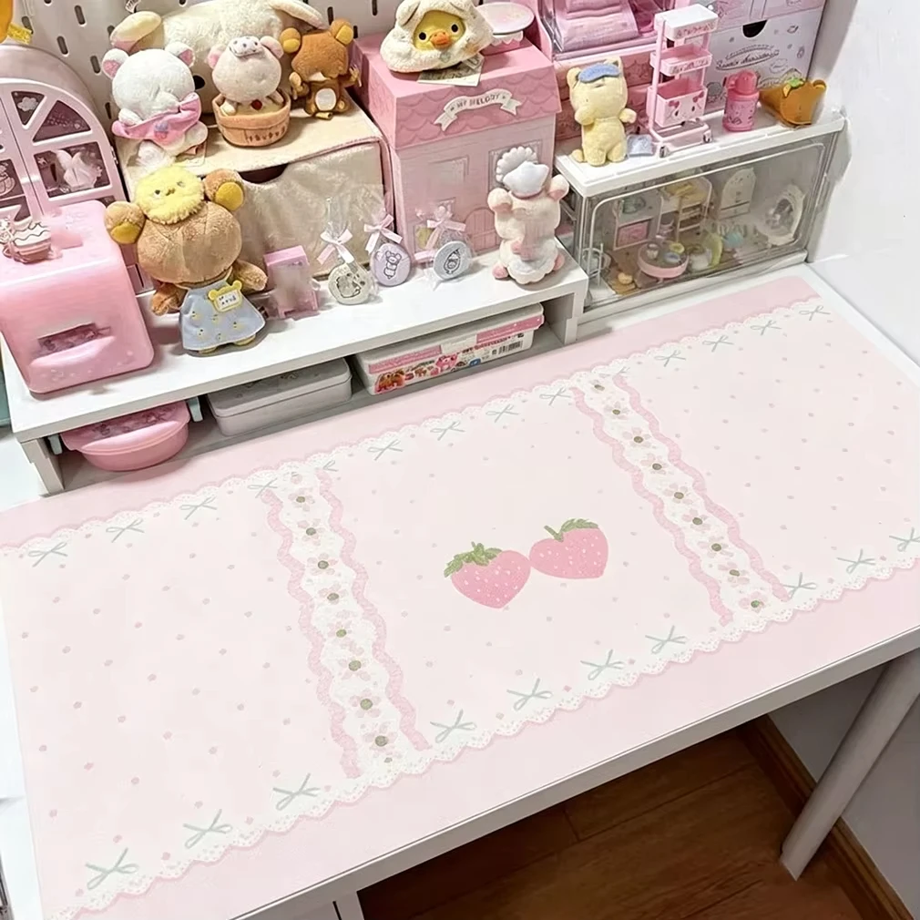 PU Leather Desk Pad Sweet Pink Strawberry Lace Polka Dots Bow Y2K Mouse Pad Office Desk Mat Waterproof Non-Slip Desk Blotter Pad