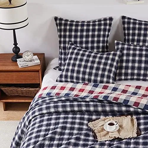 

Home - Quilt Set - King Quilt and Two King Shams - Check in Navy and Cream - Quilt (102x86in.) and Shams (20x36in.) - Reversib