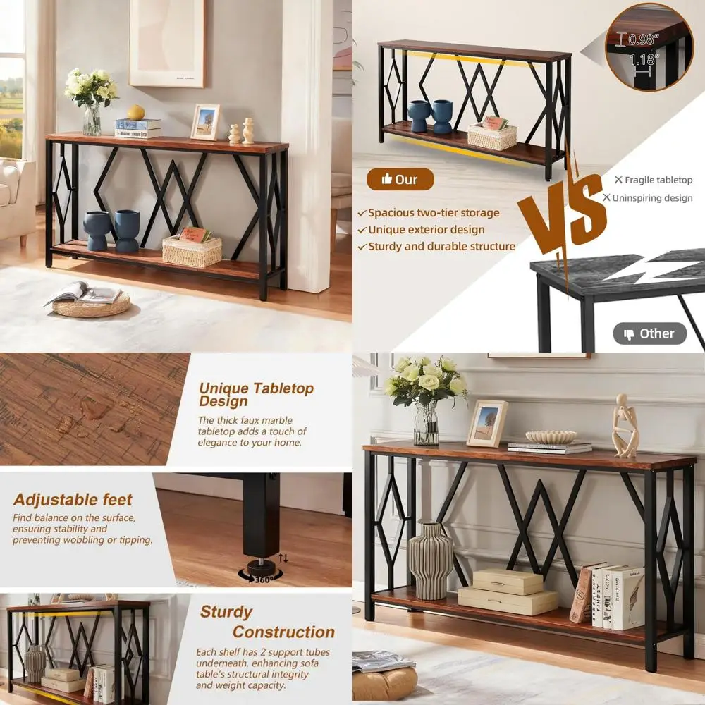 

Широкий деревенский журнальный столик с 2-уровневыми полками, 55 см, коричневый, для прихожей, гостиной, коридора