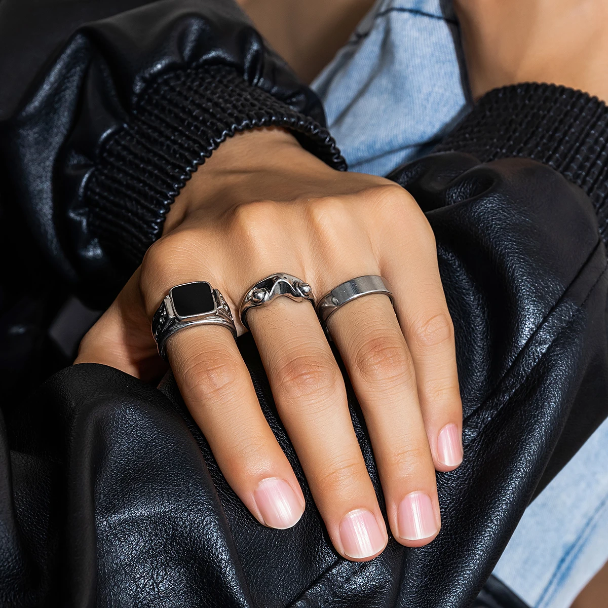 KunJoe Men's Stainless Steel 3pcs/set Square Oil Drip Ring Sets Gothic Punk Silver Color Metal Rings Halloween Party Jewelry