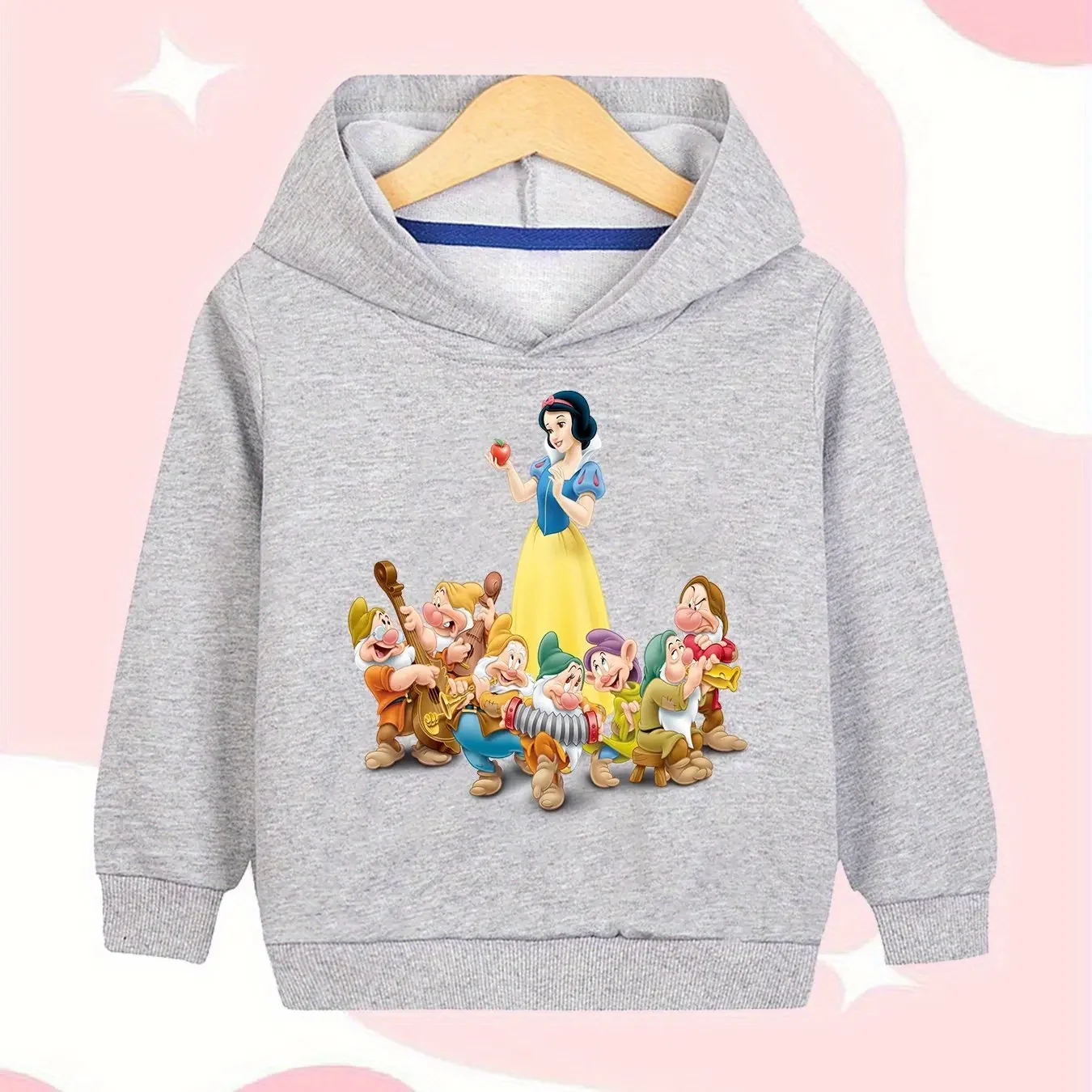 Sudadera con capucha estampada de princesa Disney Blancanieves y siete enanitos para niñas - Diseño de personaje de dibujos animados rosa suave