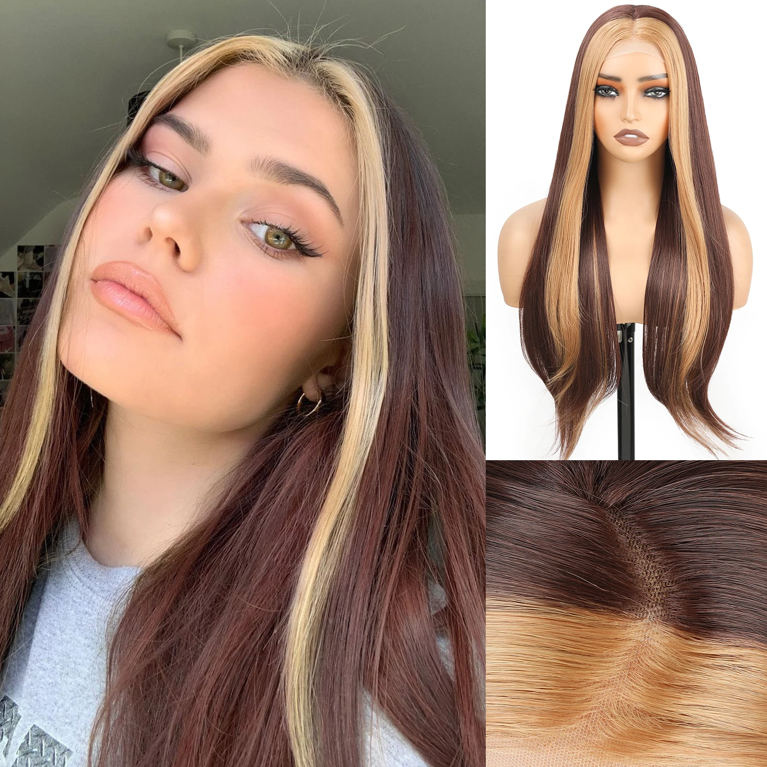 

Длинный прямой парик с рыжими и светлыми прядями для женщин, 28 дюймов, натуральный вид, мягкий синтетический, с кружевной передней частью 13x4, готовый к носке