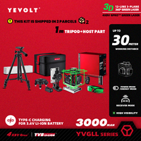 YEVOLT Green Laser Level TL-YVGLL4XS12-Series 3-Plane 12-Line Self-leveling 360 3D Power Measuring Tool with 1M Tripod