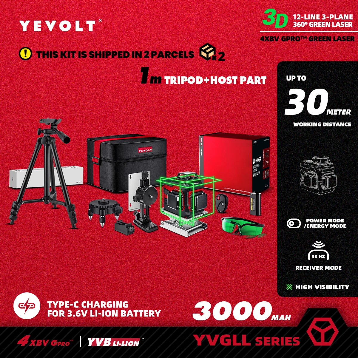 YEVOLT TL-YVGLL4XS12B2P Series Green Laser Level 3-Plane 12-Line Self-leveling 360 3D Power Measuring Tools-1M Aluminium Tripod