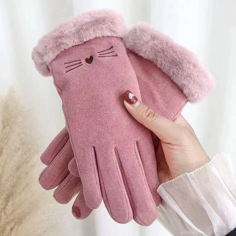 Winter Rabbit Fur Mouth Full Finger Touch Screen Mittens Plus Velvet Warm Gloves For Women