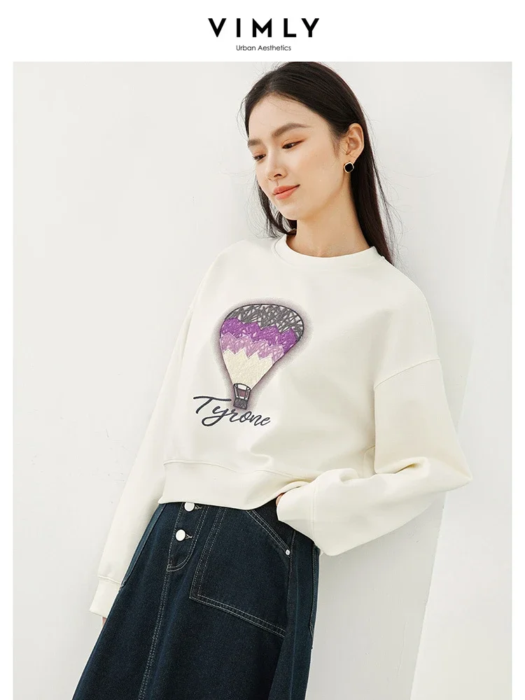 Vimly Print Cropped Sweatshirt Autumn Casual Loose O-neck Pullover Women\'s Long Drop Sleeve Top 2023 Fall Woman Clothes 16166