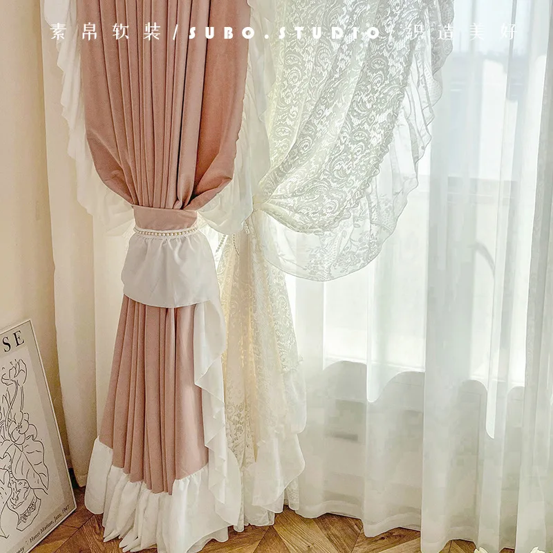 Girl Pink Lace Embroidered Window Screen Velvet Wood Ear Edge Curtains for Living Room Bedroom Window Balcony French Window