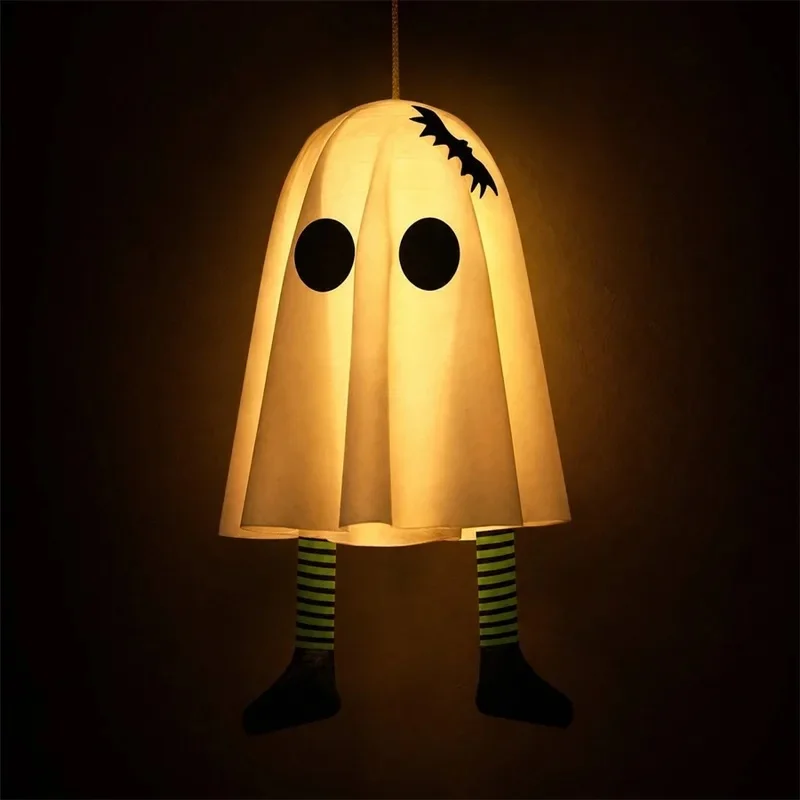 Halloween Hanging Ghost Light Fabric Ghost Ornament with Striped Legs LED Wire Light for Yard Porch Indoor Outdoor Party