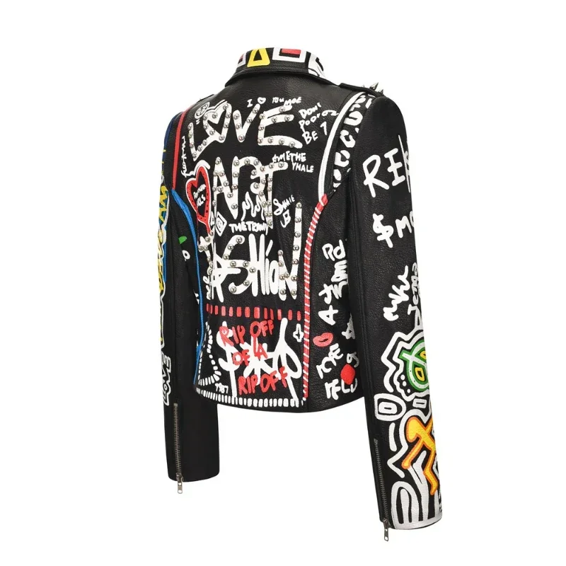 Streetwear Punk Studded Leather Jacket for Women 2024 Trend Graffiti Print Slim Zipper Faux Leather Cropped Motorcycle Jackets