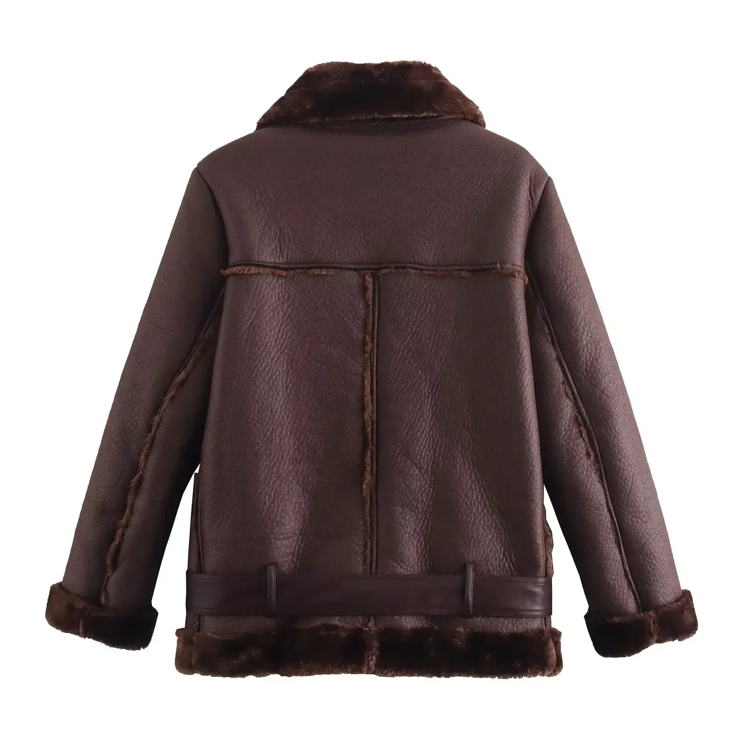 Blouson en Faux Cuir avec Ceinture pour Femme, Décontracté, Épais, Chaud, Fourrure, Rétro, Manches sulf, Fermeture Éclair, Poche, Manteau Chic, Nouvelle Mode