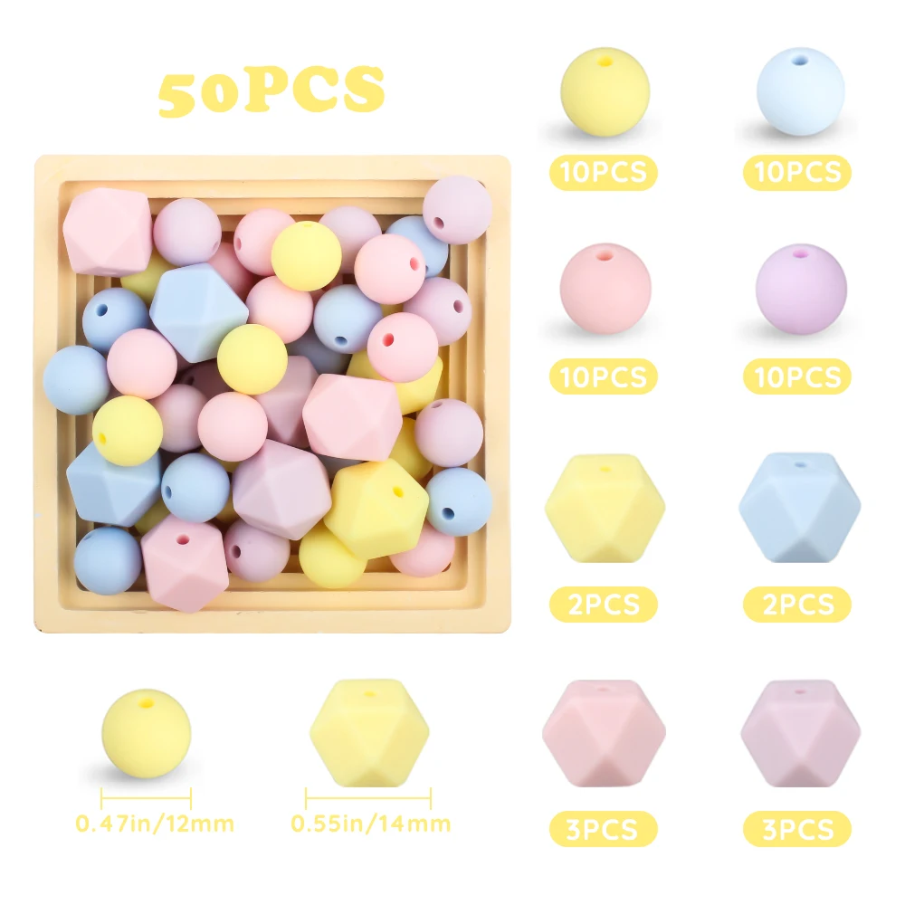 50pcs/lot Silicone Beads Set 12MM Baby Hexagon Round Teething Beads Teether Food Grade DIY Pacifier Chain keychain Accessories