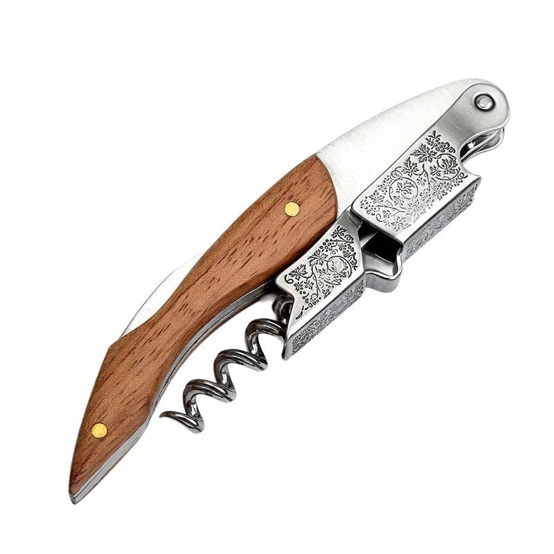 Korkenzieher für professionelle Kellner, Weinschlüssel mit ergonomischem Holzgriff, Bierflaschenöffner und Folienschneider – Detail 4