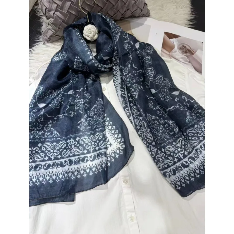 

Lightweight 100% Mulberry Silk Scarf for Women Oblong Shawl Neck Scarf Beach Wrap Headscarf Gift Pack Dark Blue Paisley Print