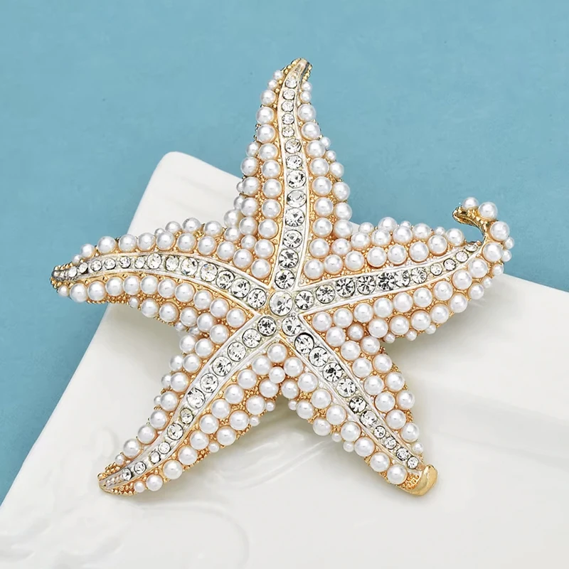 Wuli&baby Pearl Starfish Women Brooch Pin Sparkling Sea Star Jewelry Gift