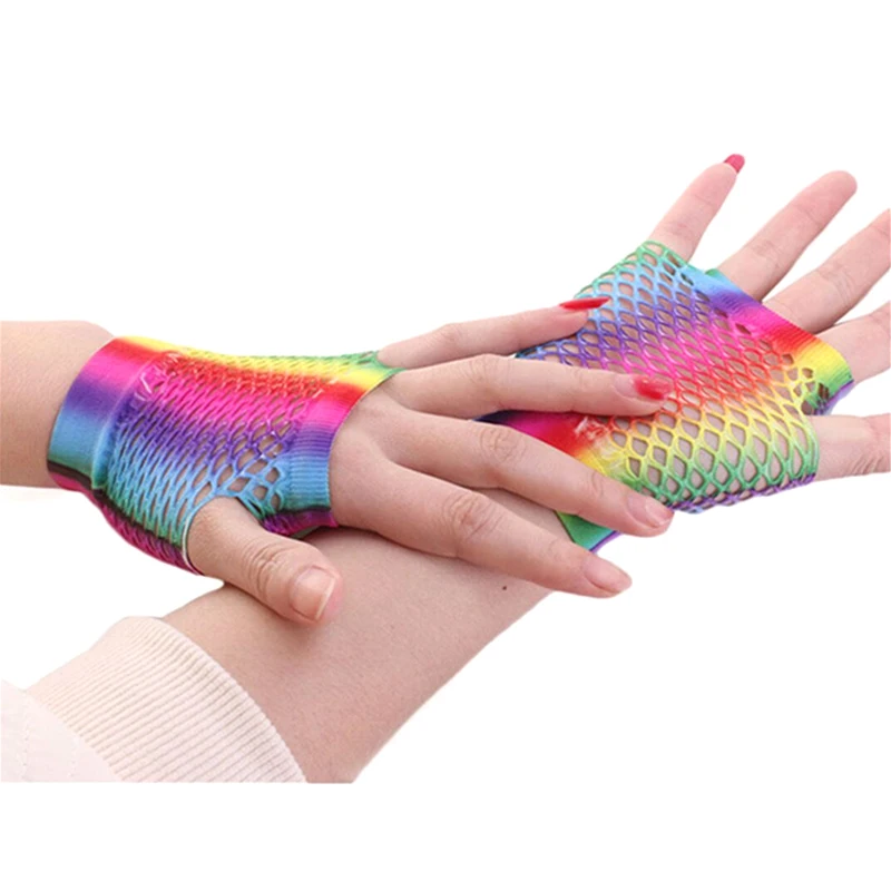 1 par de guantes de rejilla sexis de Color arcoíris para mujer, guantes sin dedos con agujeros calados, manopla para disfraz de baile Disco para mujer