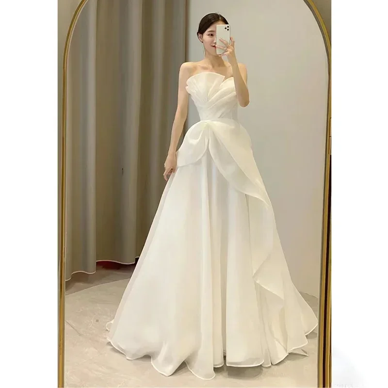 Wedding Dresses for Women Elegant Ruched Ruffles Sleeveless Ruffle Strapless Long Skirt Banquet Women's Prom White Dress Vestido