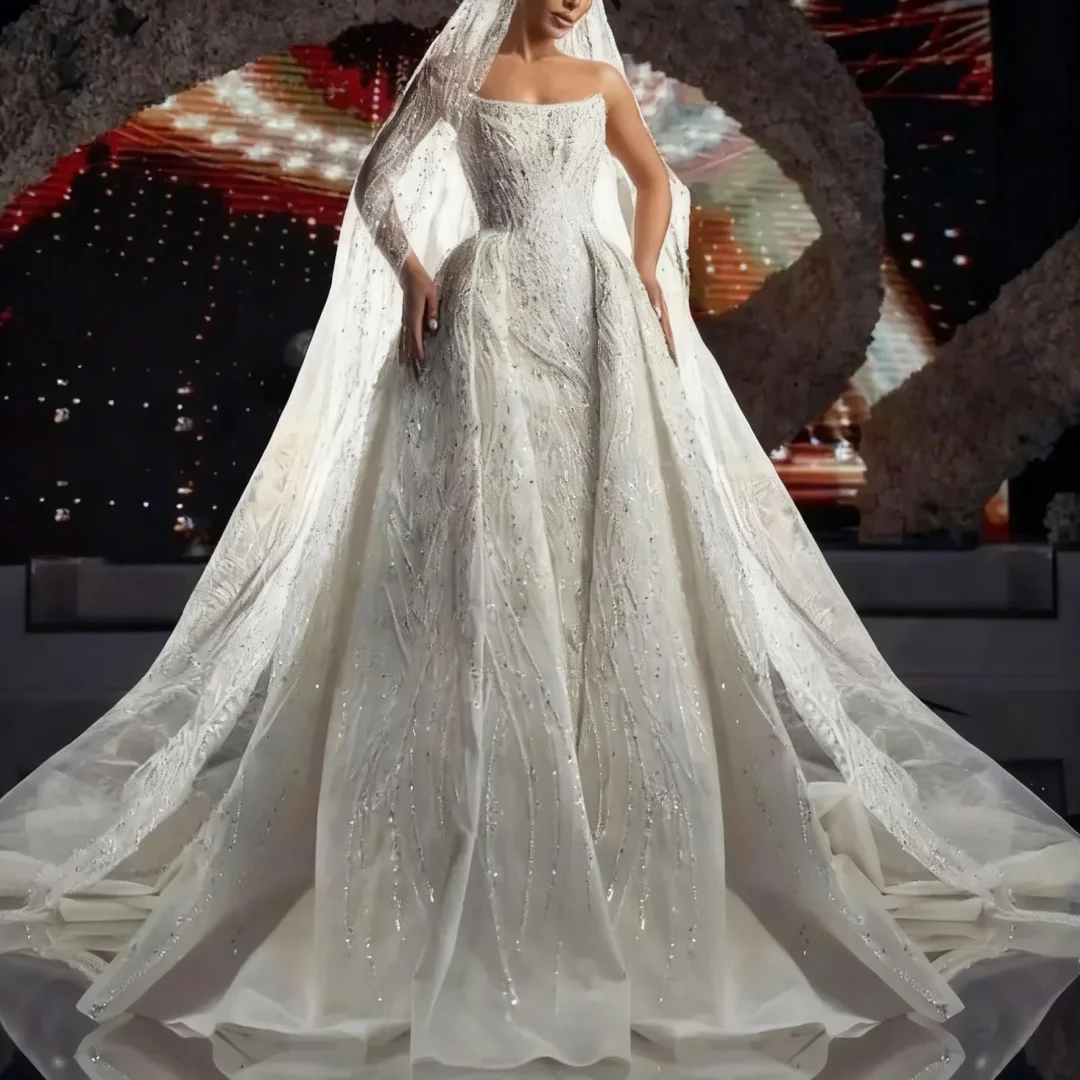 Vestido de fiesta de lujo personalizado, vestidos de novia de manga larga con lentejuelas y Apliques de encaje, vestidos formales de fiesta de novia