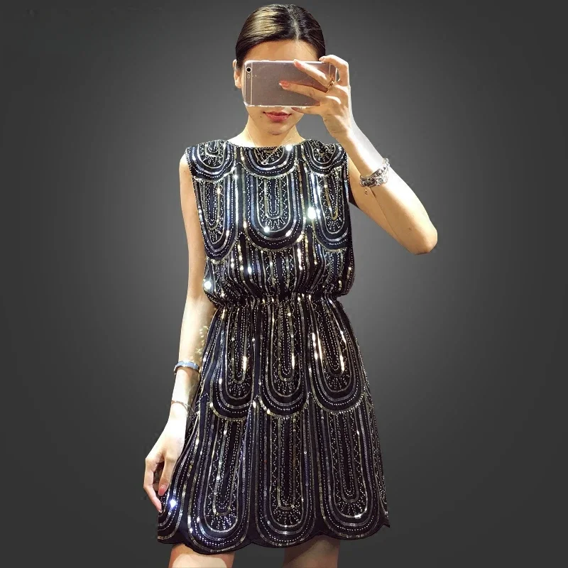 

2024 New Sequins Mini Dress for Women Casual Style Tank O-Neck Women Dresses Sleeveless Party Dress Birthday Dress for Women