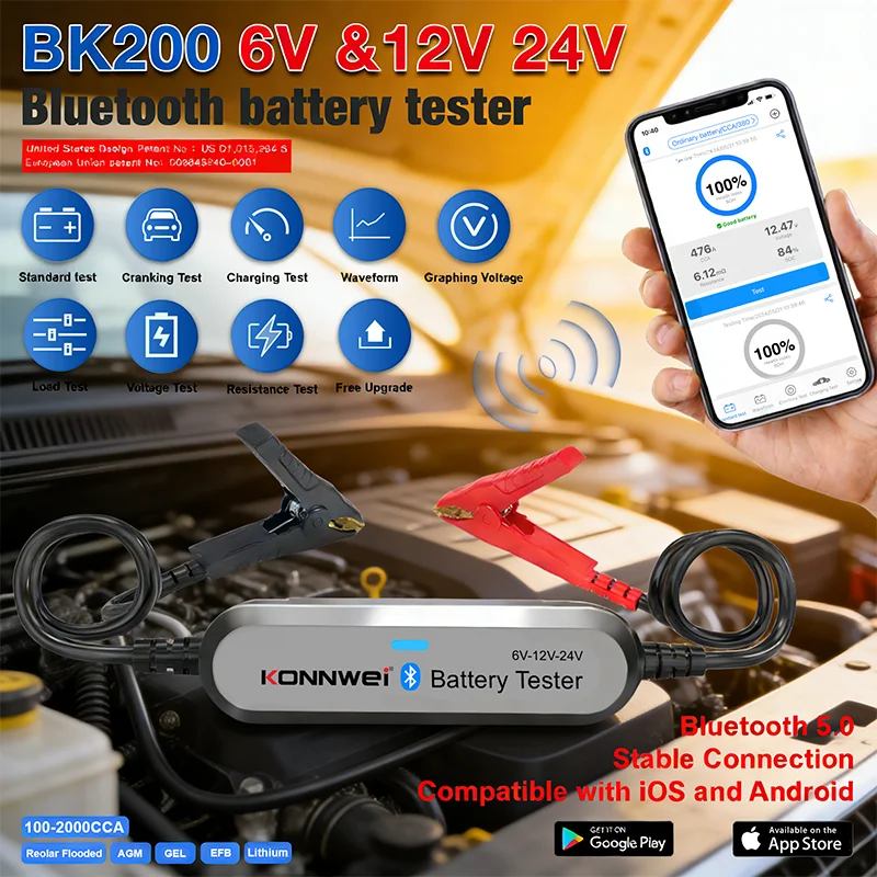 KONNWEI BK200 BK100 6V 12V 24V Bluetooth 5.0 Car Battery Tester Waveform Monitor Charging Cranking diagnostic Tool Charging Test