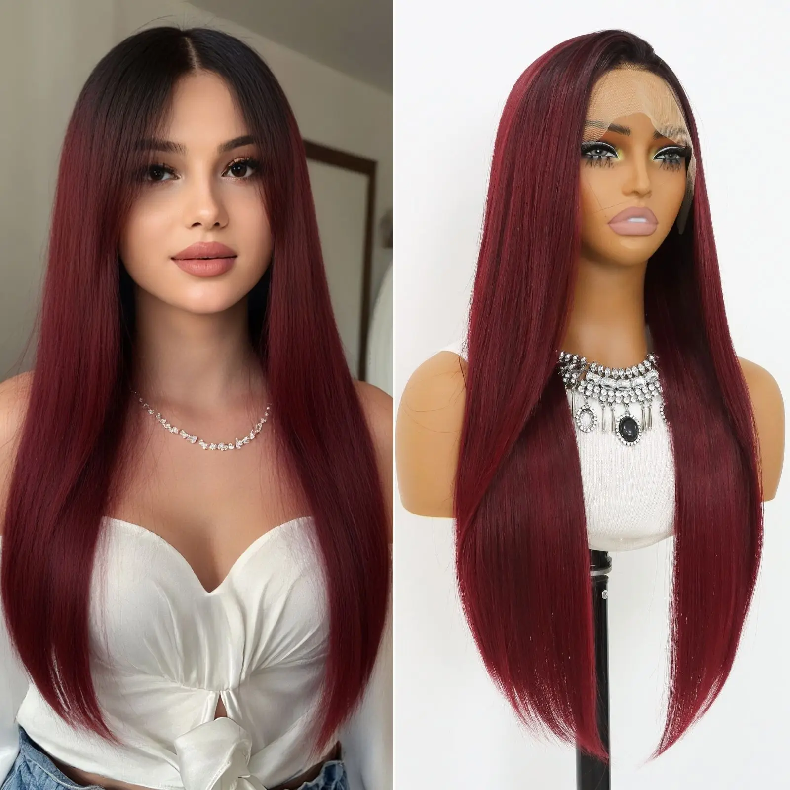 Ombre Burgundy Lace Front Wig Long Straight Ombre Wine Red 13x4 Synthetic Lace Front Wigs for Women 24Inch