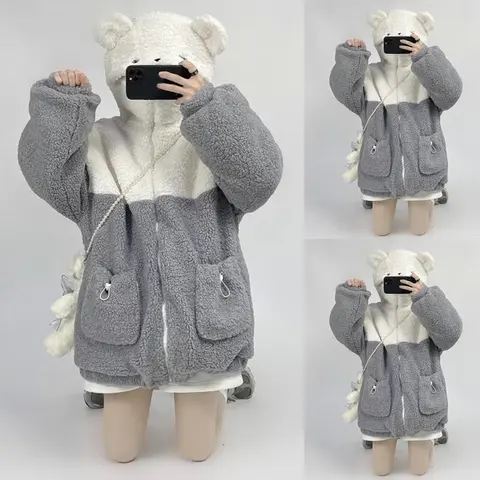 Women Faux Fur Hoodies for Jacket Bear Ears Up Colorblock Sweatshirt Co Dropship