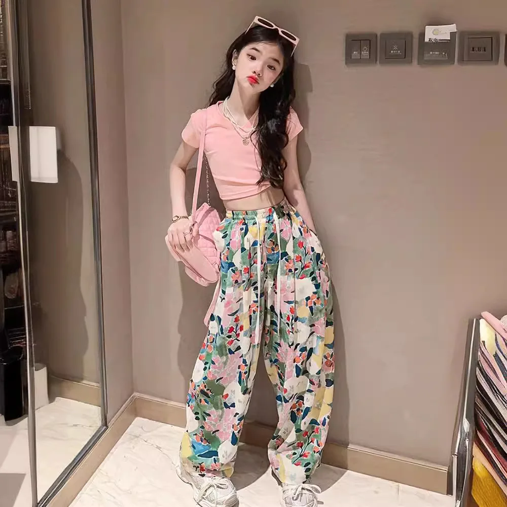 

Teenage Girls Summer Clothing Set Casual Cotton T-shirt Print Wide Leg Pants Two Pieces Kids Outfits 12 14 Children Clothes Suit