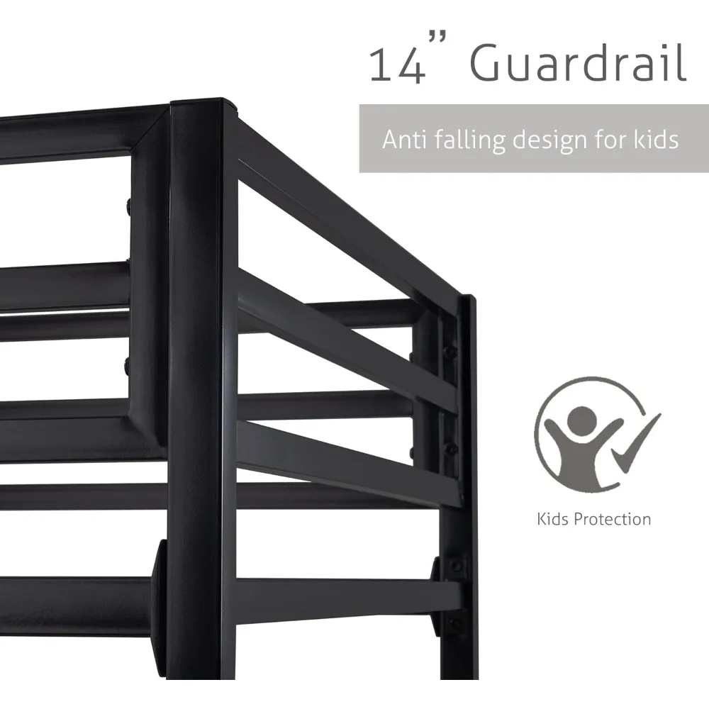 Twin Over Twin Metal Bunk Bed for Juniors, Industrial Twin Bunk Beds Frame with Inclined Stairs & Full-Length Guardrail,Black