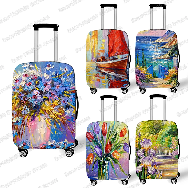 Oil Painting Landscape Flower Luggage Cover Travel Accessories Anti-dust Baggage Covers Elastic Suitcase Trolley Case Cover