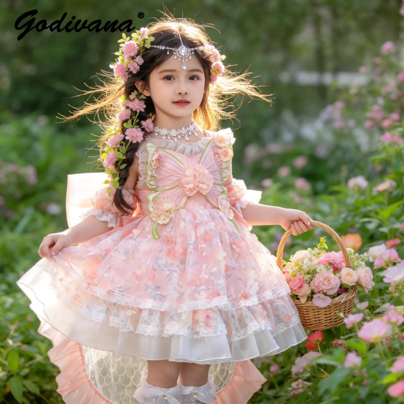 Sweet Baby Girls 2026 Summer New Floral Fairy Princess Lolita Sundress Cute Kids Mesh Lace Trim Butterfly Birthday Party Gown