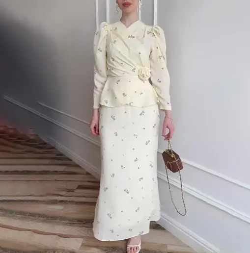 Two Piece Set Women Outfit 2025 Spring Autumn V-Neck Flower Decor Temperament Long Sleeved Top & Casual Slim Long Skirt Set