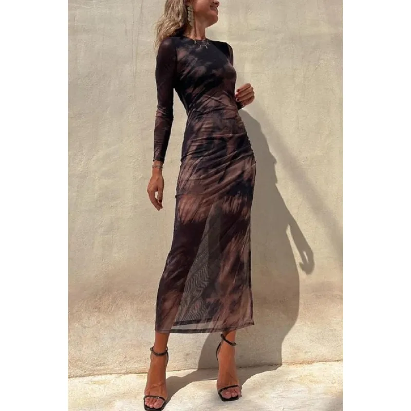 Autumn New Mesh Sexy Printed Women\'s Long-sleeved Dress Simple Lace Fashion Slim Stretch Women\'s Party Nightclub Dress