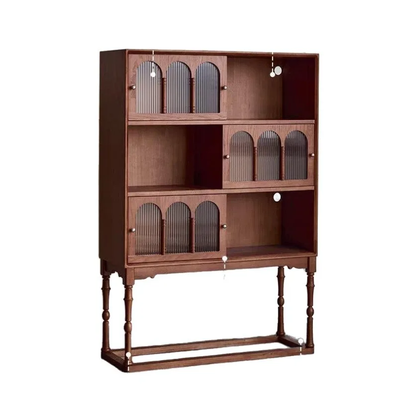 French retro solid wood bookcase medieval arched glass display cabinet living room home dust storage bookshelf