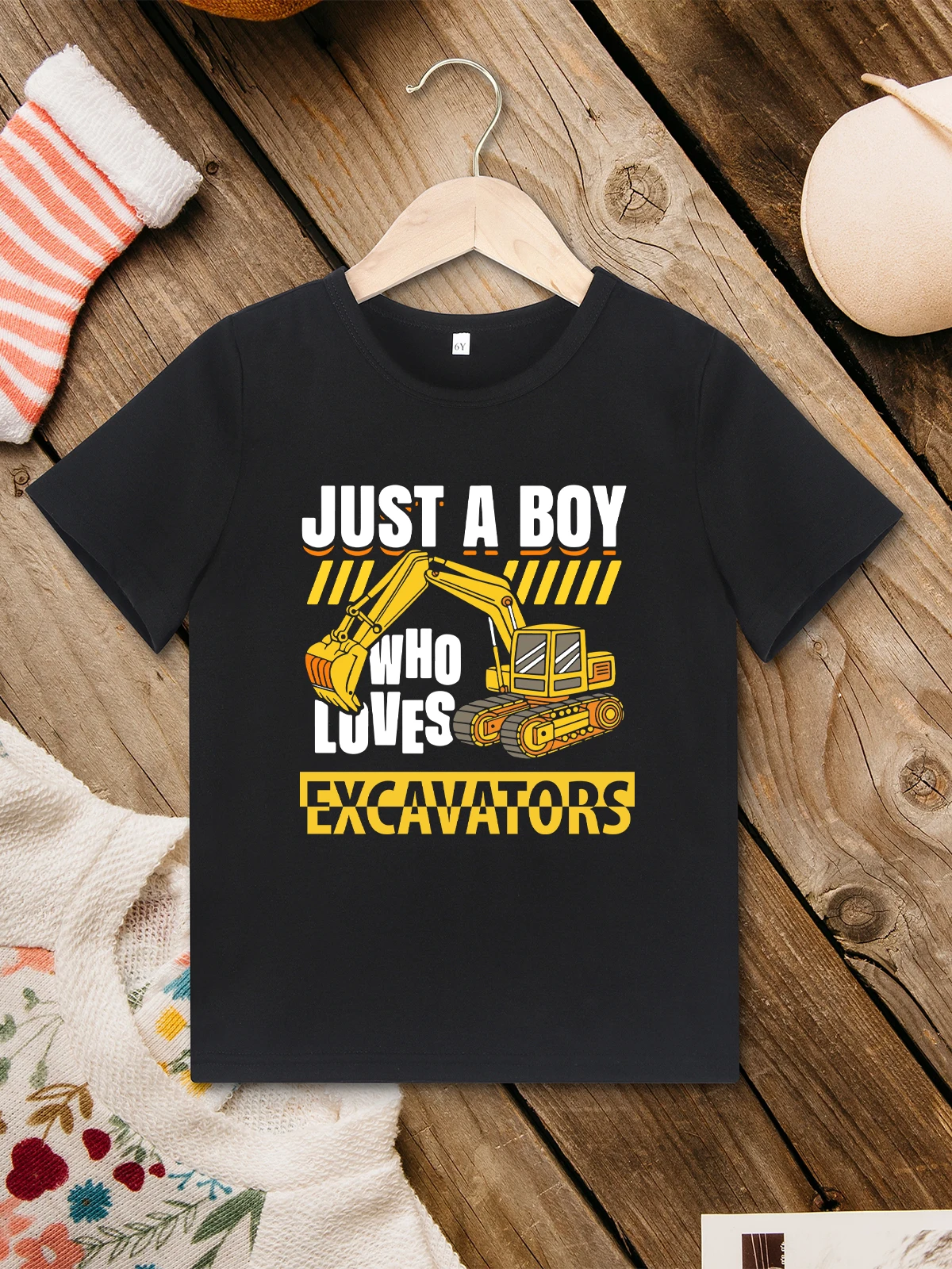 

Just a Boy Who Loves Excavators Fun Cute Boys Clothes Fashion Streetwear Black Kids T Shirt Crew Neck Summer Tops Toddler Tees